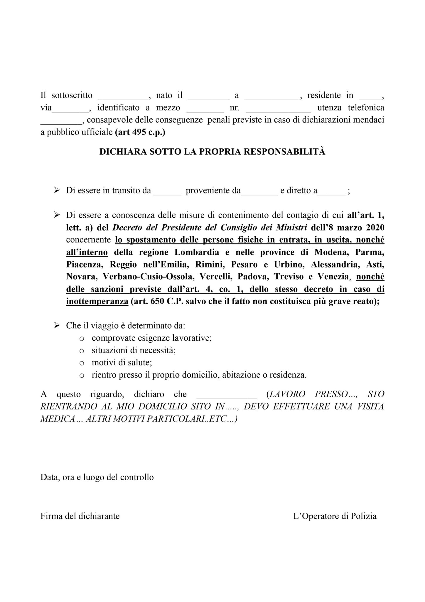 Controlli nelle “aree a contenimento rafforzato”: direttiva del ministro Lamorgese ai prefetti. Modulo autodichiarazione